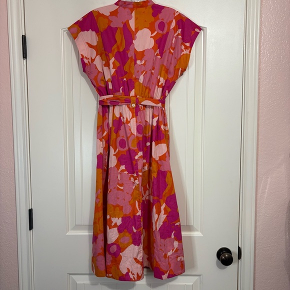 Floral Women Belted Midi Shirt Dress Cap Sleeves Sz S Orange Pink - Picture 10 of 14
